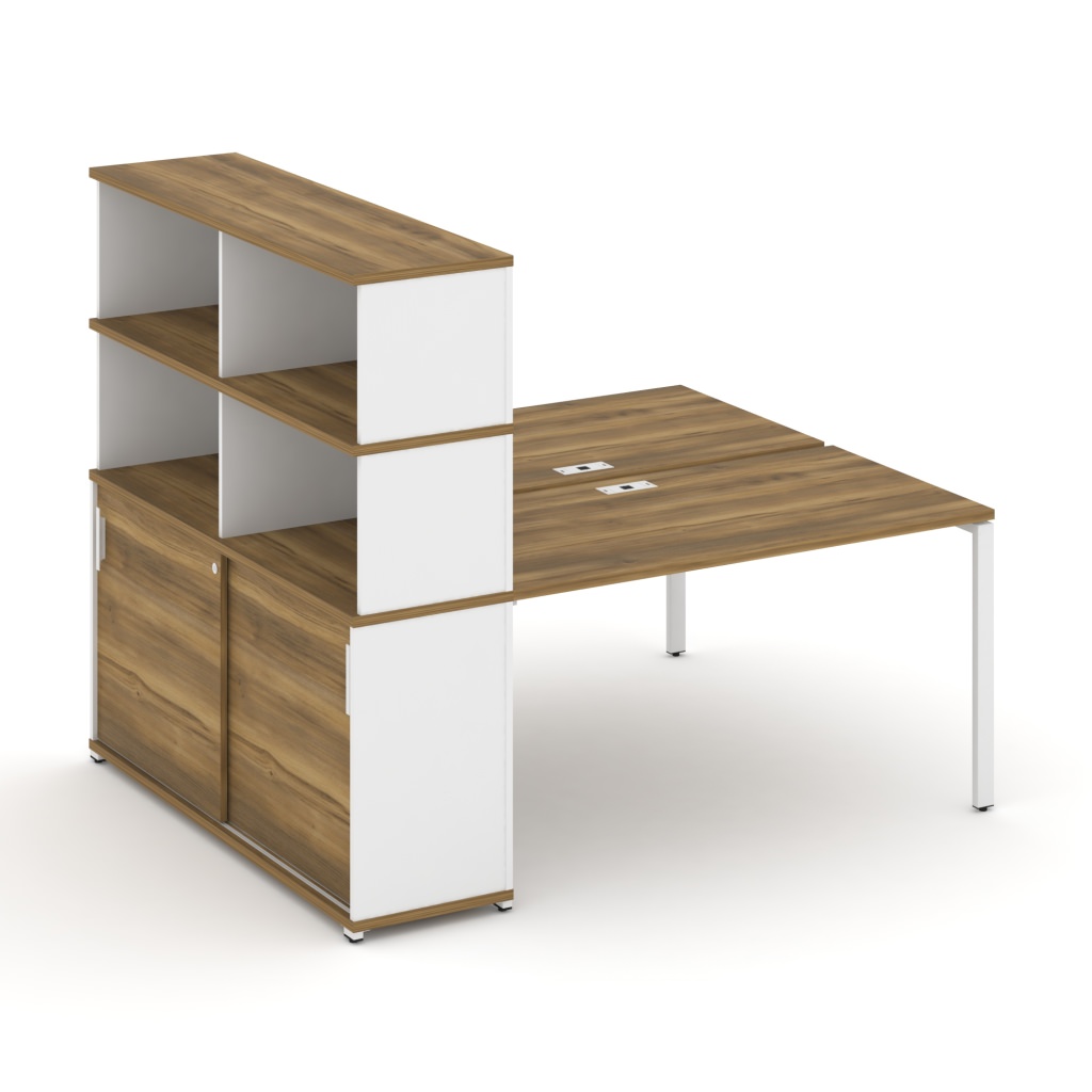 Рабочая станция на 2 рабочих места с опорным шкафом купе с надставкой высокой Концепт 1800*1480*1530 Концепт Сандал Янтарный/Белый металл